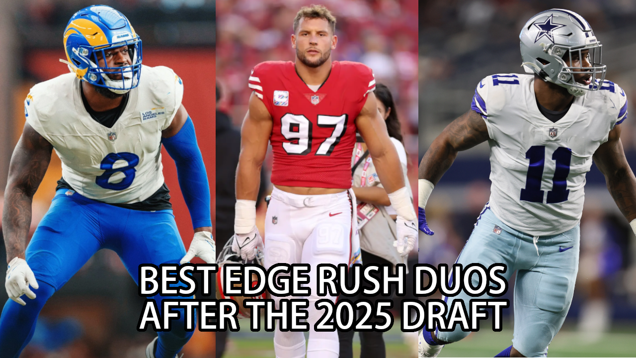 jared verse, nick bosa, and micah parson pictured with the caption "BEST EDGE RUSH DOS AFTER THE 2025 DRAFT)