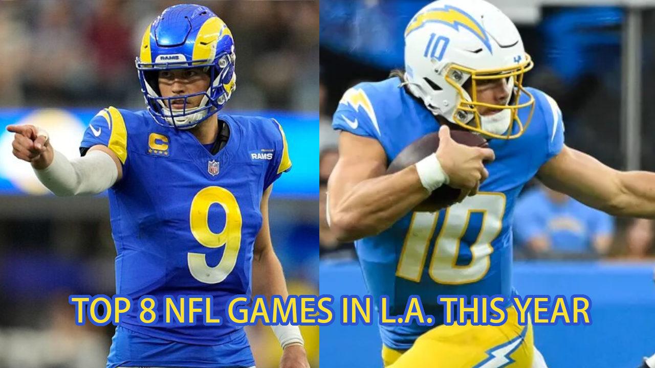 justin herbert and matt stafford with the caption "TOP 8 NFL GAMES IN LA THIS YEAR"