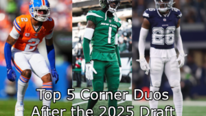 A photo of Pat Surtain, Sauce Gardner, and Daron Bland with the caption "Top 5 Corner Duos After the 2025 Draft"