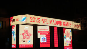 Nov 16, 2025; Madrid, Spain; An advertisement for the 2025 NFL Madrid Game between the Washington Commanders and the Miami Dolphins on the Cine Capitol. Mandatory Credit: Kirby Lee-Imagn Images